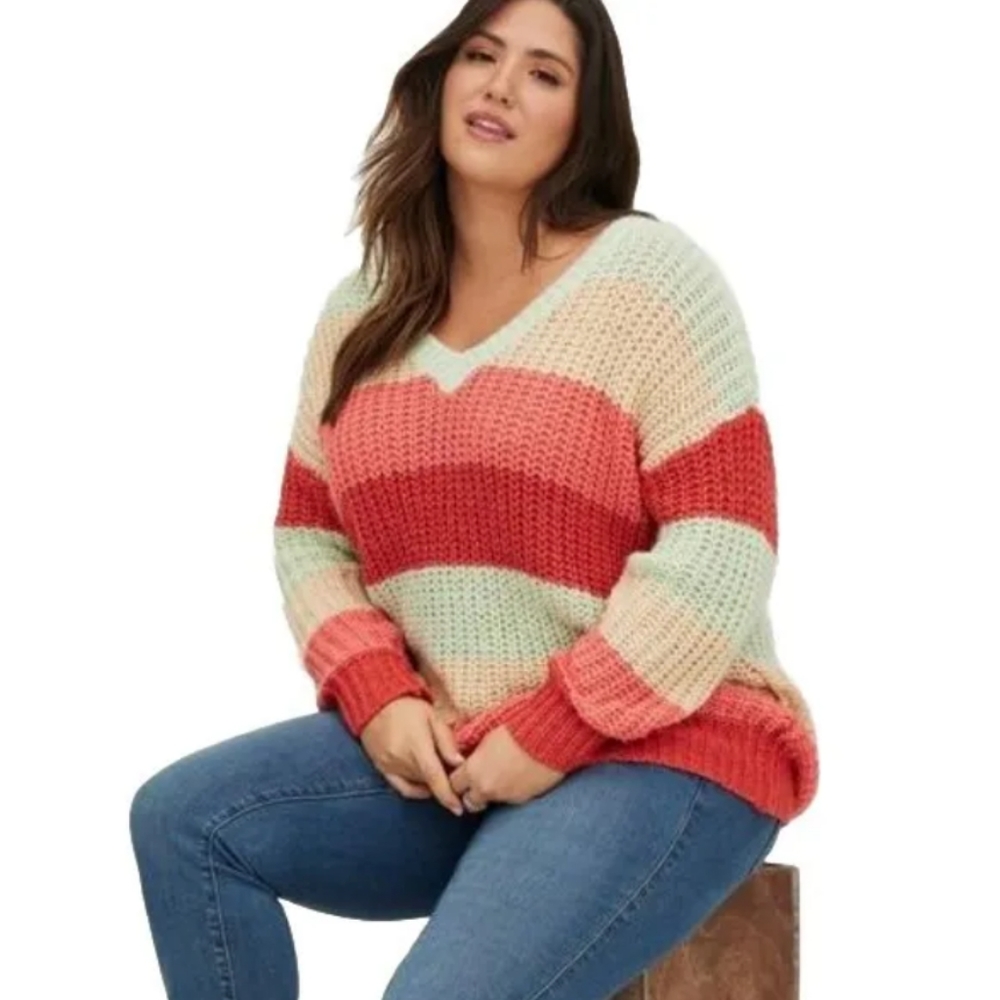 Torrid Sweater Chunky Knit V-neck Pastel Striped Woman Plus 3X Coastal Nautical